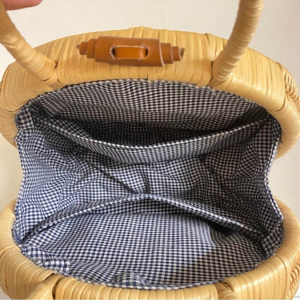 Anthropologie | NWOT Mini Rattan Suitcase Satchel Purse Basket Bag Blue Gingham - Picture 10 of 10